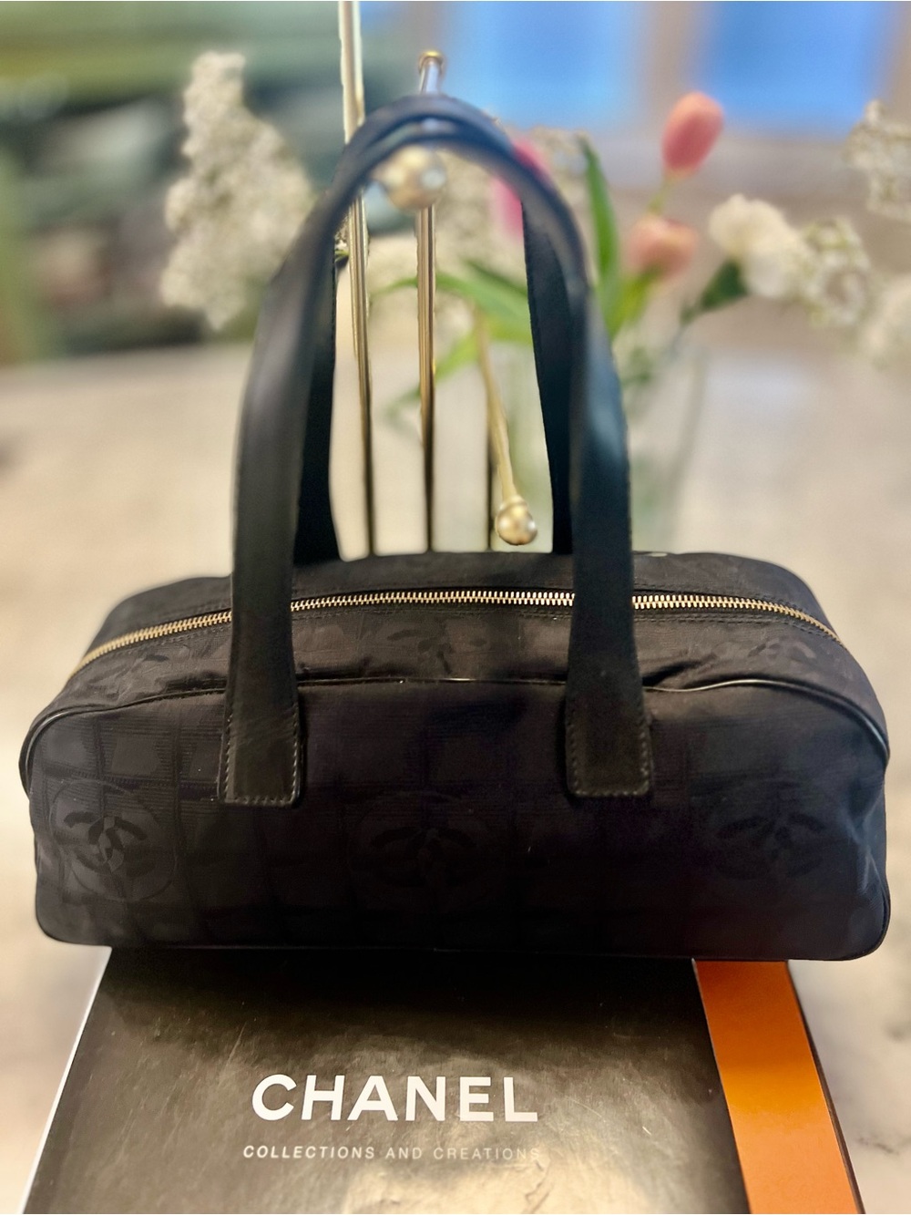 CHANEL Travel Line Black Nylon CC Logo Satchel Mini Boston Bag